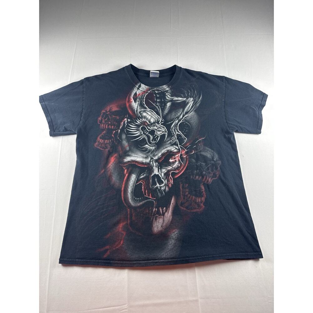Y2K Skull Dragon Graphic T Shirt Mens Large Black Gothic Biker Style Tee